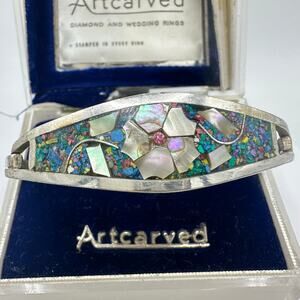 Taxco vintage 925 sterling silver abalone rainbow inlay hinged bangle bracelet